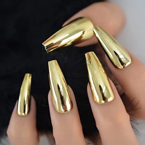 Ladgbp Press On Nails Extra Long Coffin False Nail Glossy Metallic Gold Reflective Mirror Punk Rock Full Cover Acrylic Artificial Fake Nail Pre-Design For Band Style Decoration Manicure 24 Pcs #TOP4