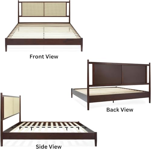 Image of Bme Oliver King Bed Frame and Headboard - 15-Inch Signature Design with Rattan Headboard, Bohemian and Mid Century Style, 12-Slat Wood Support, No Box Spring Needed - Easy Assembly, Walnut