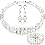 Junkin Faux Pearls Necklace Earrings Set Wedding Pearl Bracelet 1920s Simulated Pearls Accessories Vintage Valentine's Day Costume Jewelry for Brides Women(Cute Style)