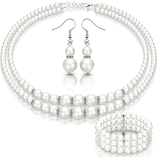 Junkin Fake Pearls Necklace Earrings Bracelet Set for Women 1920s Simulated Faux Pearls Accessories Vintage Jewelry for Valentine Wedding Costume
