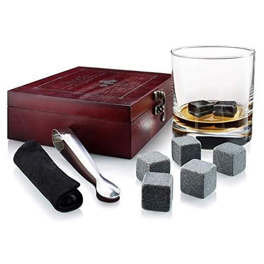 Gift Set of 8 Whiskey Chilling Stones [Chill Rocks] - in Premium Wooden Gift Box with Stainless Steel Tongs and Velvet Carrying Pouch - Made of Pure Soapstone - by Quiseen
