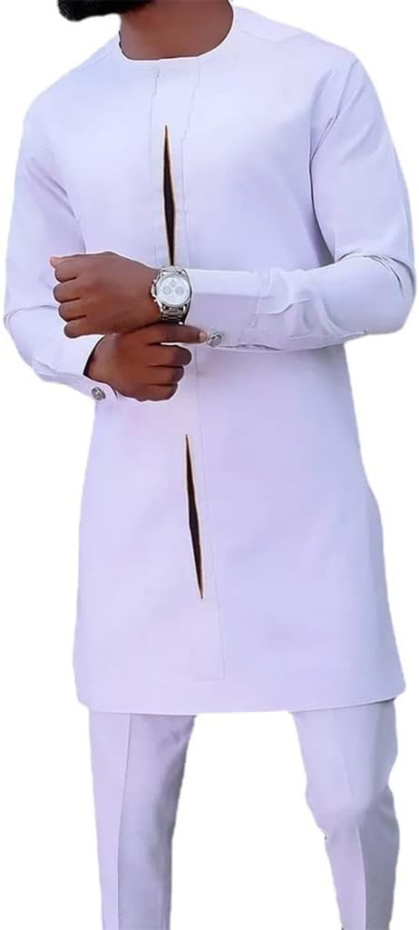 Men's 2 Piece Set African Dashiki Shirts and Pants Outfit Long Sleeve Suit Traditional Clothing Slim Fit Casual Jacket (Color : Light Grey, Size : Medium)