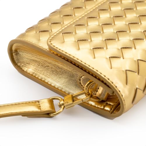 Image of Woven Clutch Purse Ladies Top Handle Handbag Leather Crossbody Shoulderbag with Detachable Strap (Gold)