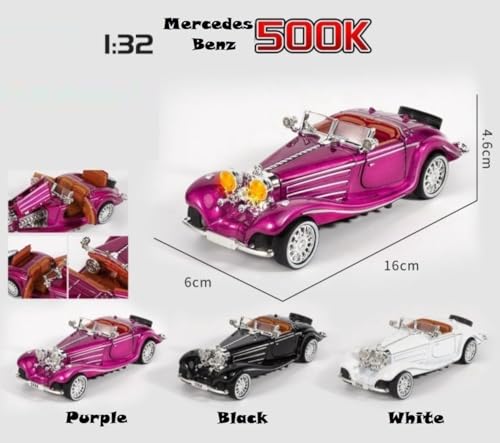 Image of 1:32 Scale Merceedes Benz Classic 500K Vintage Diecast Toy Car with Lights & Sounds-die cast Model for Kids & Collectors-Pullback Action, Openable Doors (1:32 Merceedes Benz Classic 500K-Purple Color)