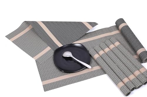 Image of Dining Table Placemats & Runner Set - Heat Resistant, Washable & Stain Resistant Woven Vinyl Mats | Table Runner & 6 Placemats Set for Stylish Dining (45x30 cm Placemats, 180x30 cm Runner)