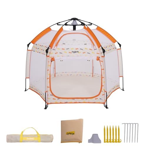 Jovikids Faltbarer Laufstall Baby mit Baldachin, Pop-up Zelt Kinder Outdoor, Großer 6 Eckig Playpen mit Tragetasche für Haus, Garten, Strand, 150x150x105cm