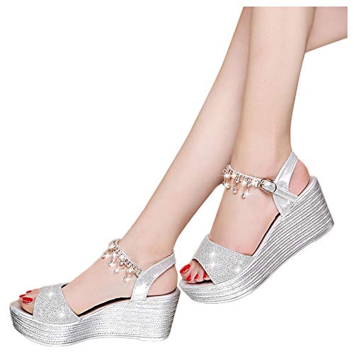 Aniywn Rhinestone Glitter Flatform Sandal Women Ankle Strap Crystal Platform Open Toe Wedge Sandal Summer Flip Sandals Silver, 8.5