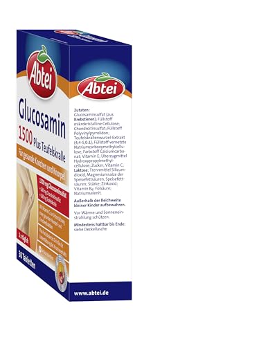 Abtei Glucosamin 1500 Plus Teufelskralle - Nahrungsergänzung für gesunde Knochen und Knorpel - hochdosiert - mit Teufelskrallenwurzel-Extrakt - 1 x 30 Tabletten