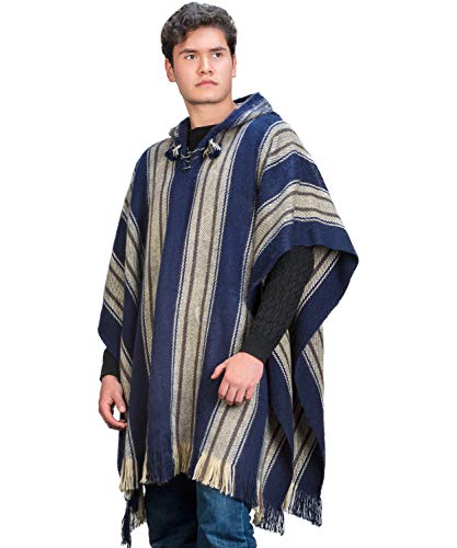 Image of Men's Cape Poncho in Navy Blue and Beige Wool - Alpaca Hooded Peruvian Poncho - Fashion Cloak Cape - Artisan Crafted