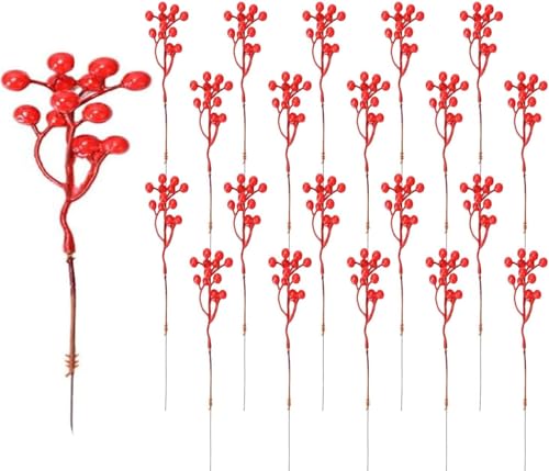 Cymax Paquete de 20 tallos de bayas rojas, ramas de bayas rojas de 23 cm para árbol de Navidad, púas artificiales de bayas de Navidad para adornos de árbol de Navidad, manualidades, decoración del