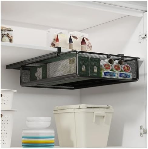 Under Shelf Storage Basket - Metal Spice Rack Organizer for Kitchen & Bathroom - Pull-Out Pantry Solution for Drawer & Cabinet - Small White Tray for Under Sink