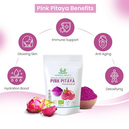 Herbal Magic's Organic Dragon Fruit(Pink Pitaya) Powder Freeze Dried - Rich & Vibrant Smoothies, Shakes, Juices, Baking, Cuisines - irresistibly Delicious - for an Active Lifestyle -100g (Pack of 2)