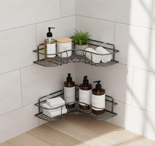 Image of Corner Wall Mounted Storage Rack (Pack of 2) | No Drill Self-Adhesive Bathroom Shelf Organizer | Multipurpose Metal Corner Stand for Kitchen & Bathroom | Black | 10 Inches Both