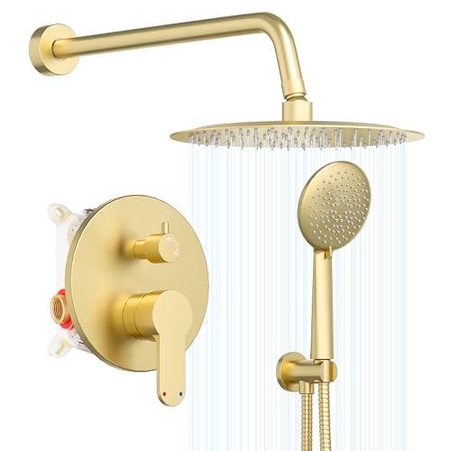 Gabrylly Shower System Gold, 10 Inch Shower Faucet Set with High Pressure Rain Shower Head and handheld, Rainfall Shower Combo Set with Shower Valve Kit