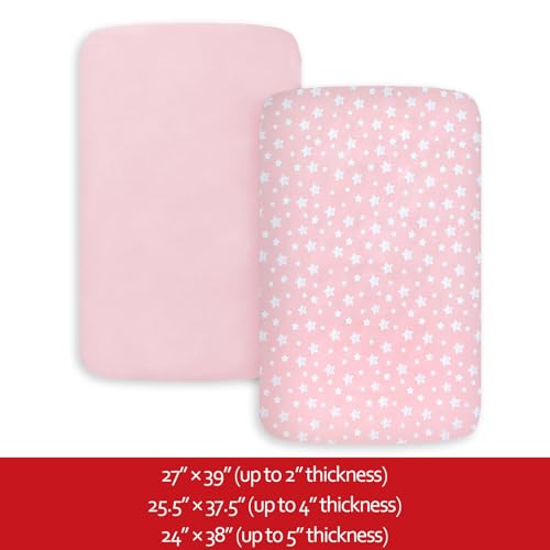 Image of Pack and Play Sheets Girl, 2 Pack Mini Crib Sheets, Stretchy Playard Fitted Sheet, Compatible with Graco Pack n Play, Soft and Breathable Material, Pink&Pink Stars