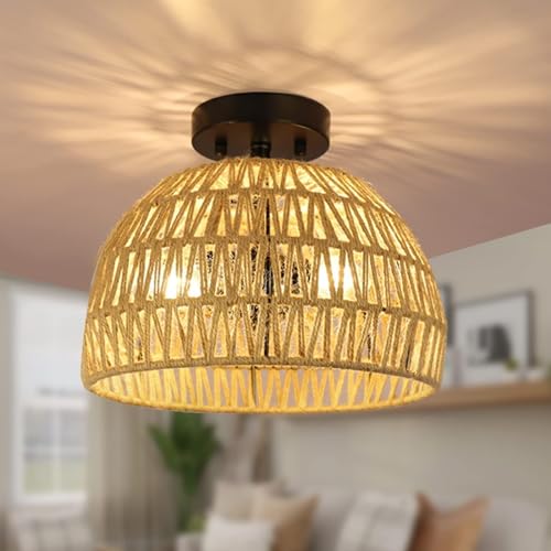 Wvsrbyr Rattan Light Fixtures Ceiling Mount, Flush Mount Ceiling Light Boho Light Fixture with Hand Woven Cage Lampshade Farmhouse Ceiling Light Fixture Rattan Chandelier for Hallway Bedroom Entryway