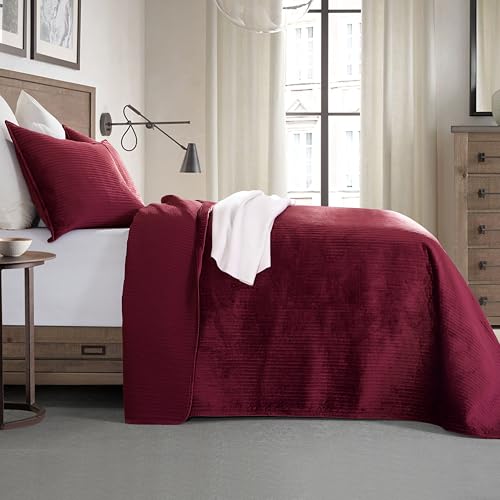 Elegant Comfort Luxury 3-Piece Velvet Corduroy Stripe Quilt Set, Ultra Soft Bedspread - Cozy Velvet Coverlet Set - 3PC Medium Weight Quilted Set with Matching Pillow Shams, Full, Burgundy