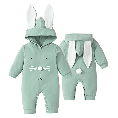 Guodeunh Newborn Baby Girl Boy Easter Romper Bunny Rabbit Ears Hooded Jumpsuit Little Sister and Brother Matching Outfit (Green 3-6 Months)