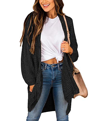 Cicy Bell Women's Long Sleeve Chunky Knit Cardigan Sweater Button Down Solid Color Oversized Sweaters Outwear (Black,S)