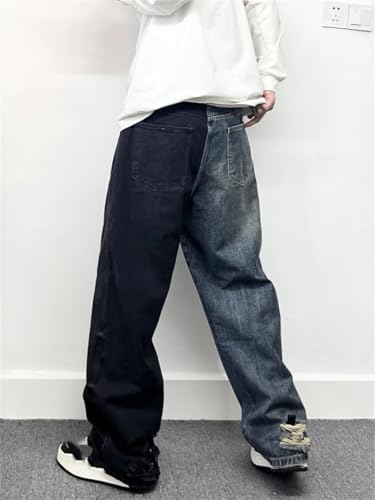 Men’S Trendy Hip Hop Loose Wide Leg Cargo Pants Button Fly High Waist Distressed Splicing Contrast Full Length Jeans4