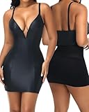 SHAPERIN Deep V Neck Faux Leather Mini Dress for Women Built-in Shapewear Plunge Bodycon Corset Party Dresses (Small,Black)