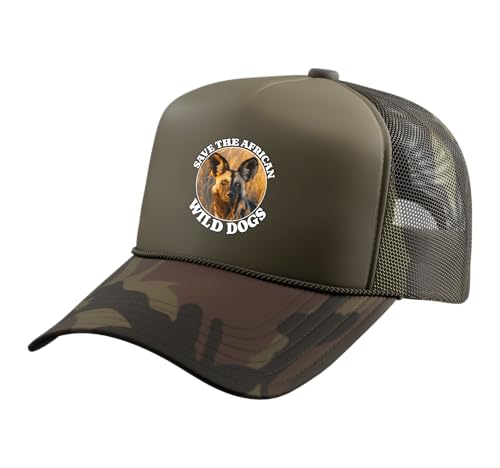 African Wild Dog Save African Wild Dog Trucker Hat with Adjustable Mesh Back, Camo Green