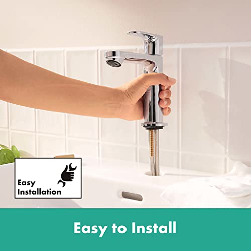 hansgrohe Rebris S - Waschtischarmatur mit Zugstangen-Ablauf, Wasserhahn Bad mit Auslauf Höhe 109 mm, Mischbatterie Waschbecken wassersparend (EcoSmart), Chrom, 72517000