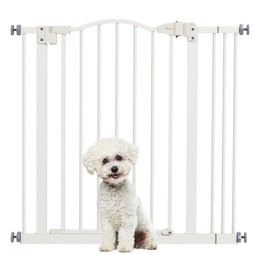 PawHut 78 cm Cancelletto per Cani da Interno, Cancello per Cani di Sicurezza, Barriera Cancellino per Cani Estensibile 74-87 cm con Doppio Blocco e Chiusura Automatica per Scale e Porta, Bianco