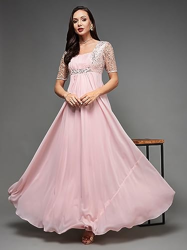 Image of Miss Chase Women's Round Neck Sleeve Embellished Fit Flare Maxi Dress