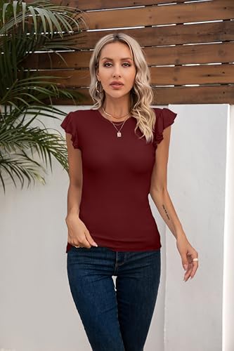 Image of VICHYIE Summer Womens Shirt Short Ruffle Sleeve V Neck /Round Neck Ribbed Casual Tshirt Fitted Tops Blouses