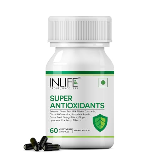 INLIFE Super Antioxidant Supplement Lycopene, Green Tea, Milk Thistle, Curcumin, Grape Seed, Ginkgo Biloba, Ginger, Cranberry, Alpha Lipoic Acid, Lutein, Zeaxanthin - Pack of 60 Vegetarian Capsules