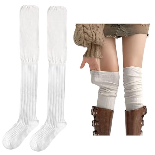 huablo Over Knee High Boot Socks - Slouch Top Over Knee Knit Fashion Thigh Sock for Women - White