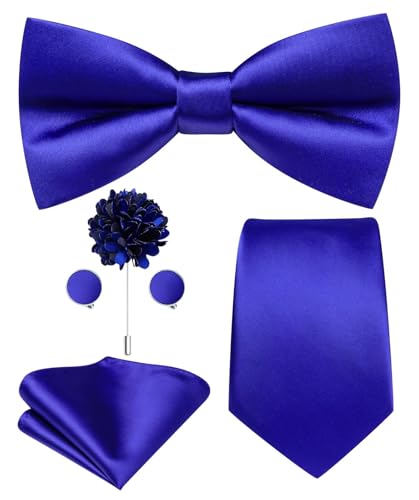 Image of Hi-Tie 5Pcs Mens Solid Color Silk Tie Satin Pretied Bowtie Lapel Pin for Men Handkerchief Cufflink Wedding Gift Box