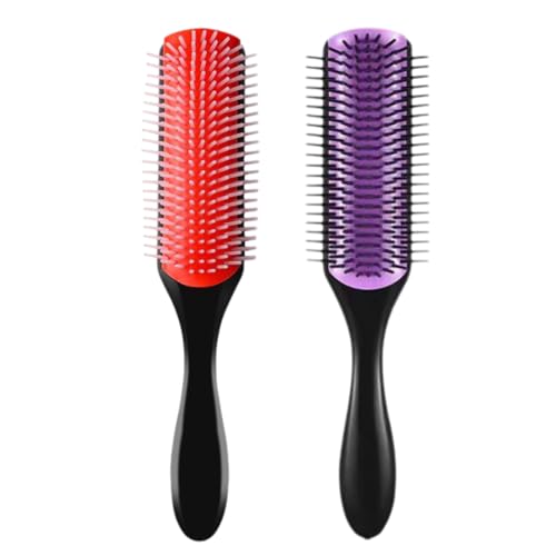 GJKLO 2 Pieza Peine Pelo Rizado, Cepillo Pelo Rizado, Cepillo desenredante negro de 9 filas, 21 x 3,5 cm, Hair Brush para Curly Rizos Cabello Antirotura (Negro-rojo, Negro-violeta)
