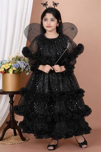 Image of Girls Glitter Tulle Tiered Gown with Butterfly Wings, Ruffle Detail, Fairy Costume Dress