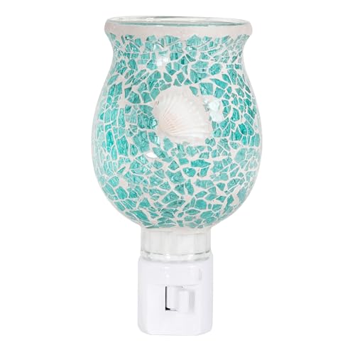 Image of Beachcombers B26263 Sea Shell Mosaic Glass 5.25 x 3.5 inch Aqua Blue Ceramic On /Off Switch Swivel Plug Coastal Night Light