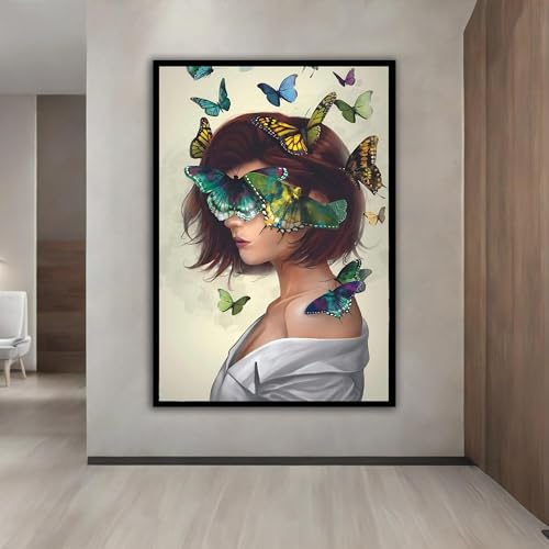 Art mural abstrait féminin fille et papillons - Toile déco moderne 50x70cm cadre