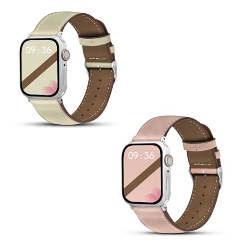 Genuine Leather Band Compatible with Apple Watch for Women Men 49mm 46mm 45mm 44mm 42mm 41mm 40mm 38mm, Soft Leather Replacement Strap for iWatch Ultra SE Series 10 9 8 7 6 5 4 3 2 1(2 pack)