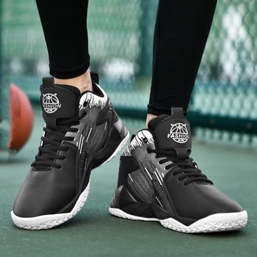 Mens High Top Leather Lace Up Basketball Sport Shoes Fashion Classics Non Slip Chunky Sneakers for Walking Running Tennis Volleyball (Black White,7.5)3