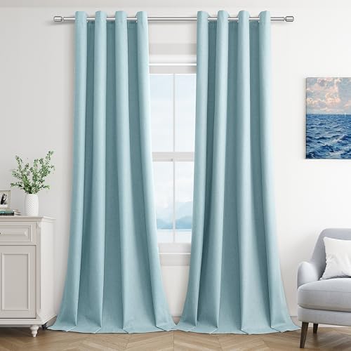 Jowels Light Blue Linen Grommet Blackout Curtains 90 Inch Long for Bedroom