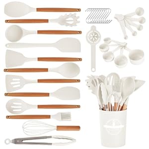 Kitchen Utensils Set – 34 PCS Non-Stick Silicone Cooking Utensils Set Spatula Set with Holder, Wooden Handle Spoon,Brush,Whisk Kitchen Gadgets Tools Set for Nonstick Cookware (Cream White-34P)