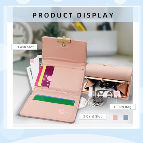 FuninCrea Small Wallets Woman, Faux Leather Trifold Ladies Wallet Kiss Lock Coin Purse for Women with 5 Card Slots and Metal Snap Closure (Blue)4