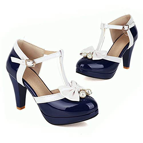 VOKLIN Women's Ladies Bow T-Strap Mary Jane Pumps Round Toe Platform Ankle Strap High Heel Dress Pump Shoes2