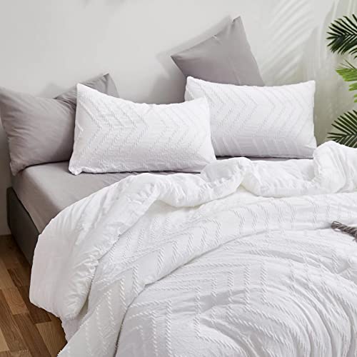 Houseri White Comforter Full Size Boho Comforter Set Plain White Tufted Bedding Sets Full Comforter Farmhouse Jacquard Solid White Comforter For Teen Girls Shabby Chic White Aztec Bed Comforter Full #TOP2