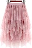 LBKKC Sequin Pink Tulle Skirts for Women, Pink Sparkly Puffy Skirt Asymmetrical Midi Length Ruffled Tutu Layered Mesh Fairy Skirt