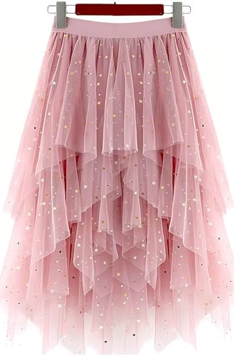 LBKKC Sequin Pink Tulle Skirts for Women, Pink Sparkly Puffy Skirt Asymmetrical Midi Length Ruffled Tutu Layered Mesh Fairy Skirt