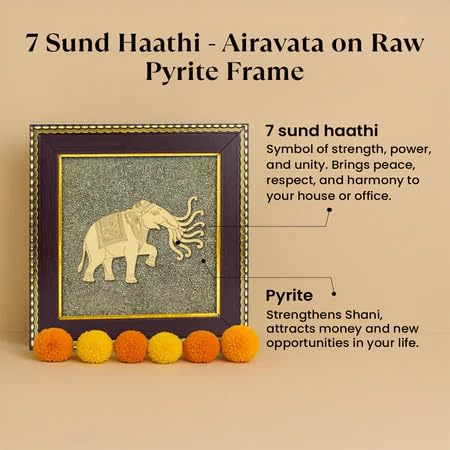 Image of Astrotalk 7 Trunk Elephant on Raw Pyrite Frame | Vastu Item for Wealth & Success | Wall Decor Items Living Room | Raw Pyrite Frame for Wall | Gift for Man & Woman | 19x19x1 cm | 1 Piece