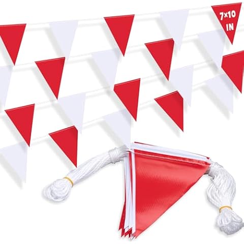 XIFAN Red and White Multicolor Pennant Banner Flags 7''x10'' Waring Safety Rooftop Flagging Barrier - 105FT 45 Flags String Cover