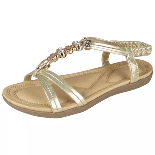 Image of LoudLook Ladies Open Toe Elastic Strap Sandals Bling Casual Flat Summer Comfy Shoes Sizes Gold 9
