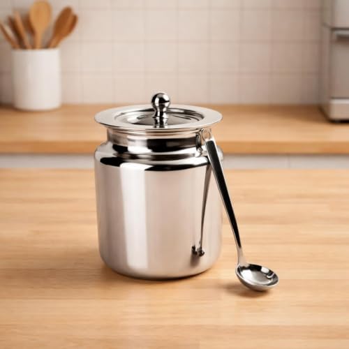 Image of Ghee Container with Spoon | Ghee Pot Steel | Ghee Jars for Kitchen | Oil & Ghee Dispenser Set | Ghee Storage Container with Lid | 450ml